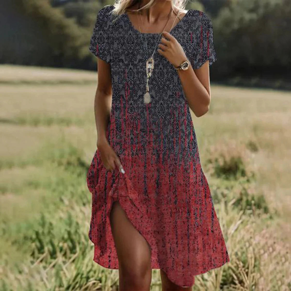 Women's Dresses Ethnic Short-sleeved O-neck Summer Fashion Printed Street Vacation Beach Midi Skirt