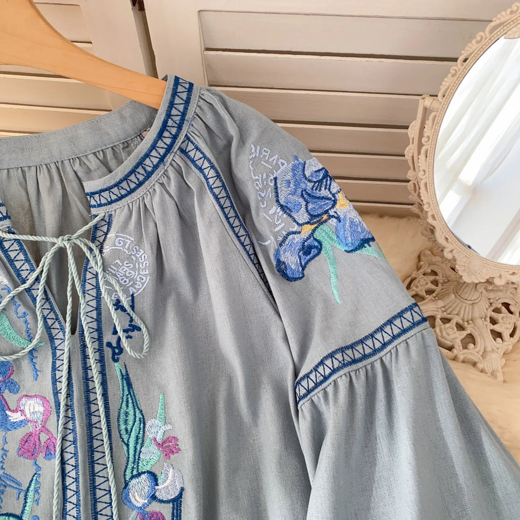 Cotton Ethnic Floral Embroidery Women Blouses Shirts Autumn Casual V Neck Tassel Lace-up Lantern Long Sleeve Blouse Boho Tops