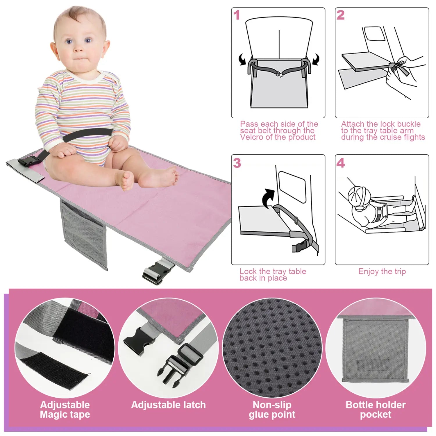Trittbrett-Erweiterung für den Kinderflugzeugsitz als Reise-Fußstütze für Kleinkinder in Rosa und Grau mit verstellbaren Gurten, rutschfestem Halt und Fläschchenhalter-Tasche für die Babyreise.