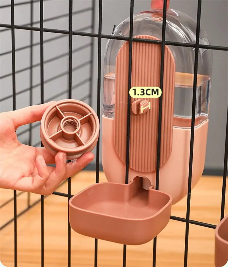Pink plastic pet water dispenser with clear glass reservoir and ribbed design made of high-quality plastic for food storage and automatic pet feeding.