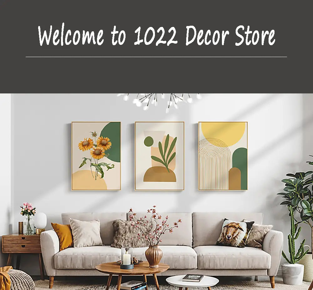 three framed abstract canvas wall art pieces with botanical and geometric designs in earthy yellow green beige and brown tones displayed as pilates exercise chart fitness posters