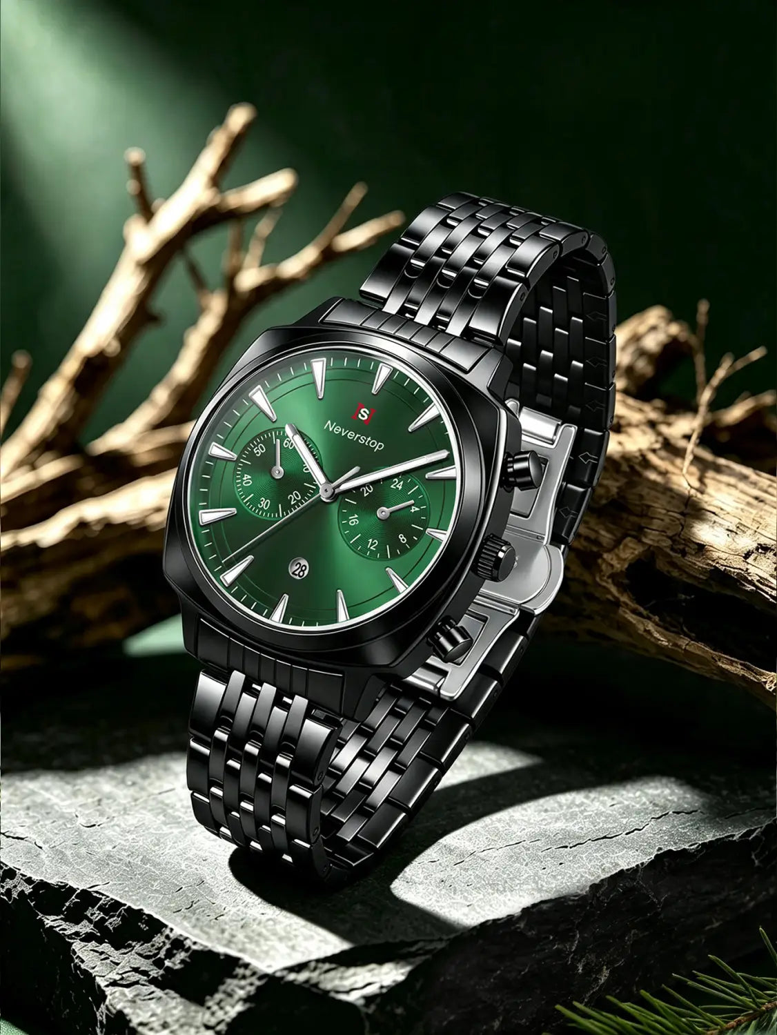 Men’s stainless steel chronograph watch with black stainless steel case, vibrant green dial, silver-toned hands, three subdials, and neverstop brand logo.
