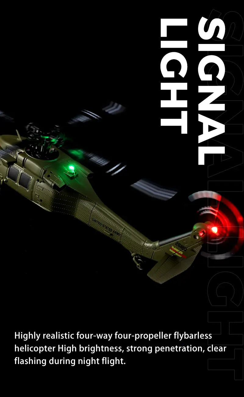 olive green wltoys k170 uh-60l remote control helicopter with glowing red and green lights on tail and cockpit featuring 800mah 20c battery for extended flight time