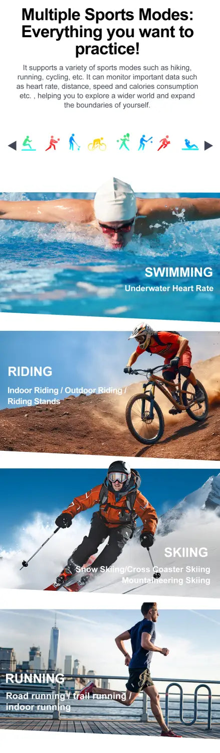 Amoled smart watch with heart rate detection featuring a sleek black strap made of durable material and a digital display showing multiple sports modes for swimming, riding, skiing, and running.