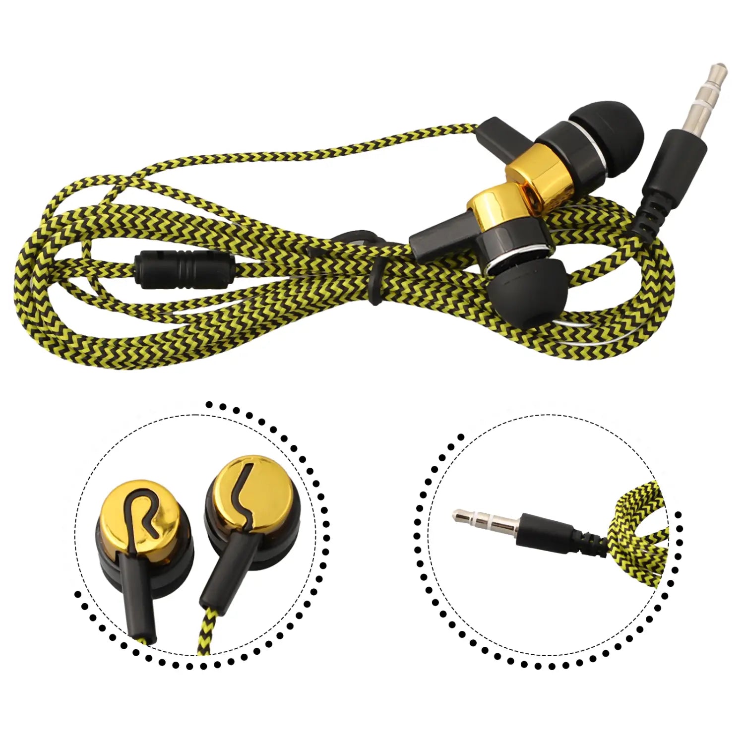 Goldene und schwarze Bass-Stereo-In-Ear-Kopfhörer mit geflochtenem gelb-grünem Kabel und 3,5-mm-Klinkenstecker