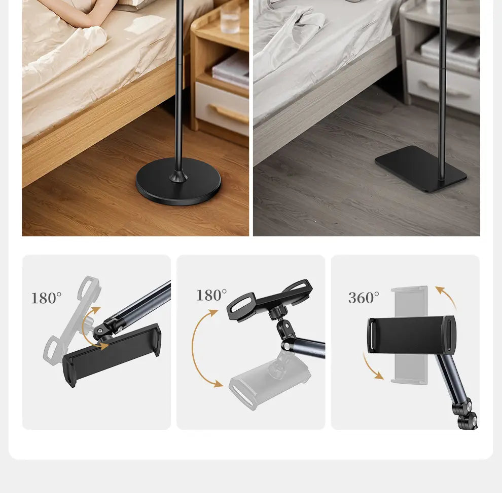 Black aluminum alloy tablet and phone floor stand with adjustable articulated arm and circular base.