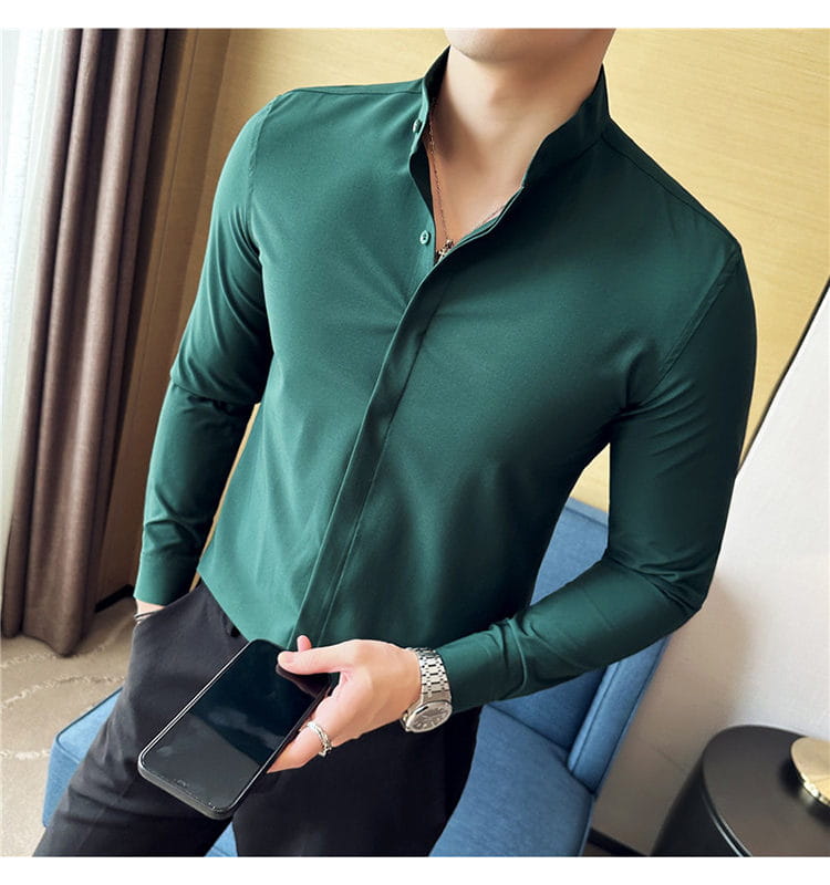 dark green long-sleeved men dress shirt with slim fit and button-down collar designed for formal wear and ensuring correct size.