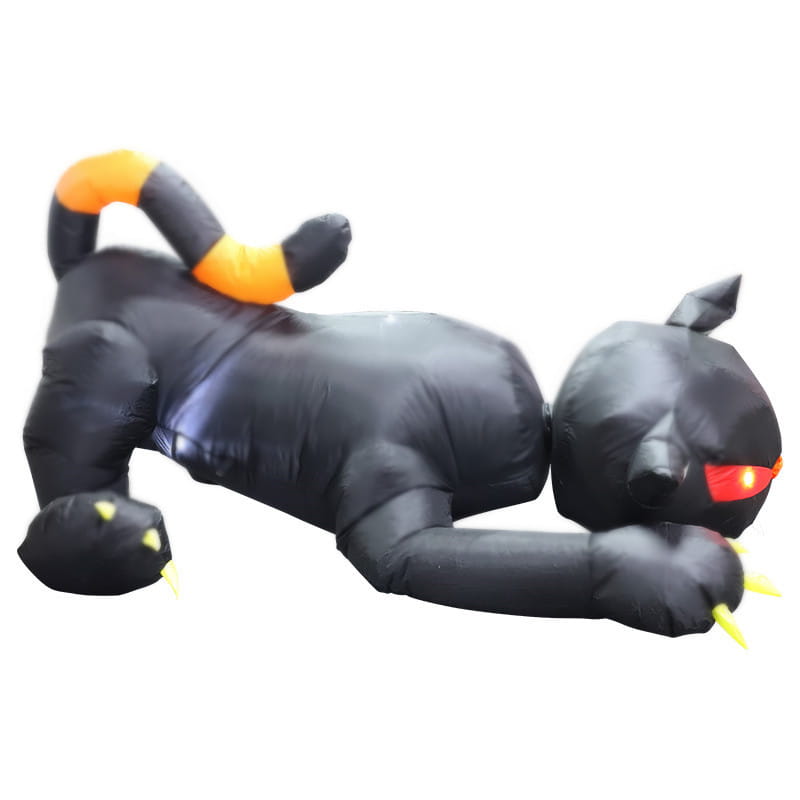 1,8 m aufblasbare schwarze LED-Halloween-Gartendeko einer Katze mit leuchtend roten Augen, orangefarben gestreiftem Schwanz und gelben Krallen.