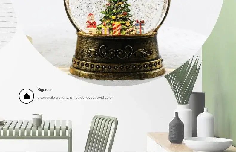 Antique brass-finished christmas lantern snow globe music box featuring a miniature christmas tree santa claus figure and wrapped gifts inside.