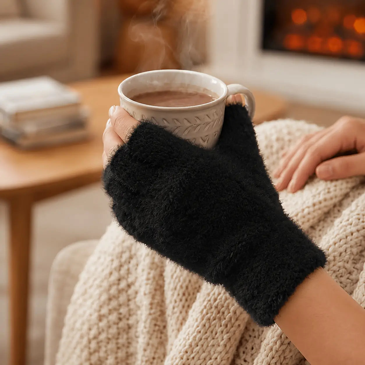 black fleece-lined fingerless glove worn on a hand holding a mug showing the front side of the glove designed for women
