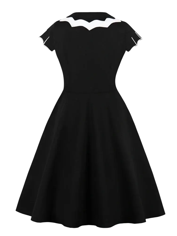 Black tonval dress with white scalloped collar and short flutter sleeves vintage a line halloween costume for women