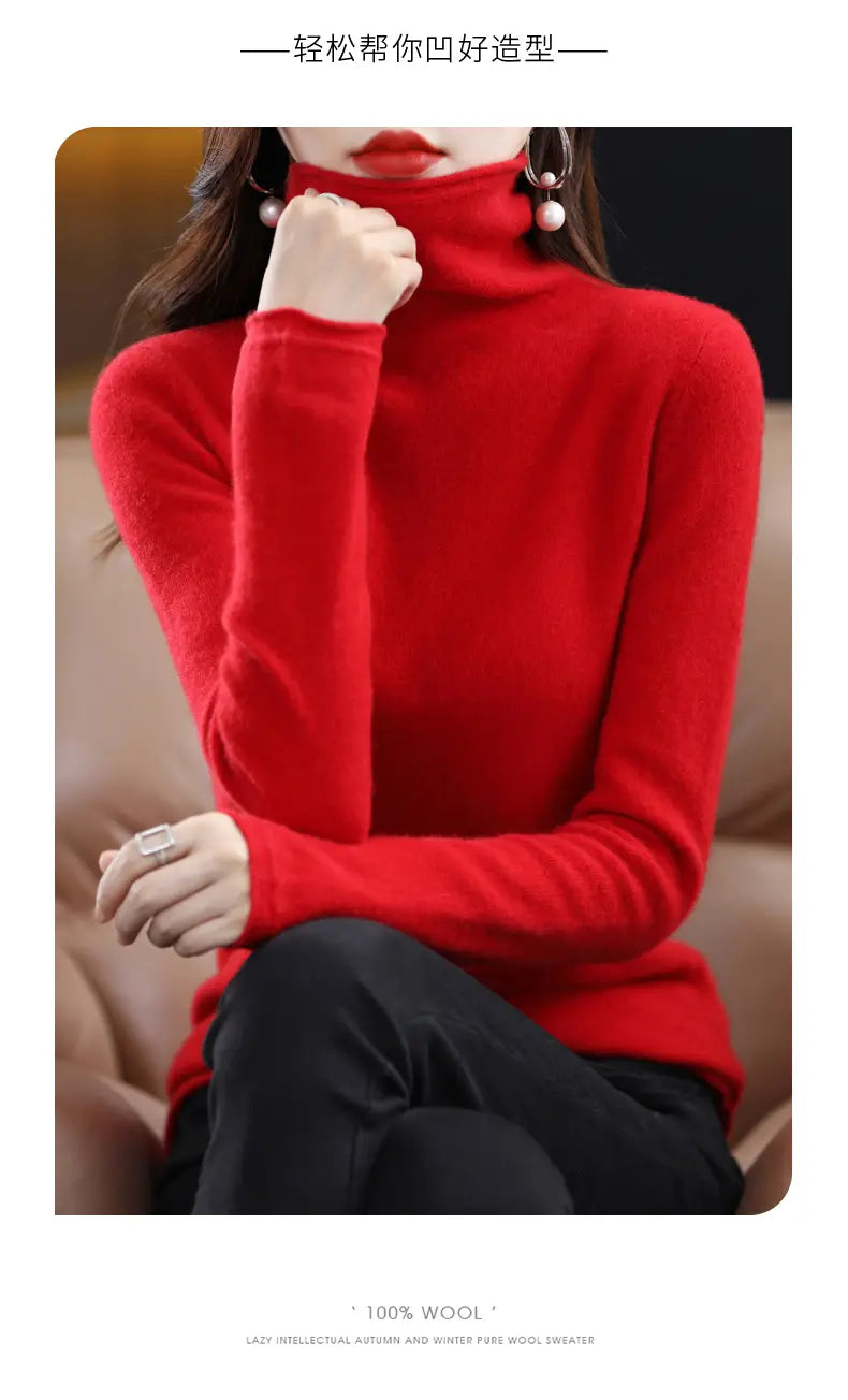 A vibrant red merino wool turtleneck sweater for women featuring long sleeves.