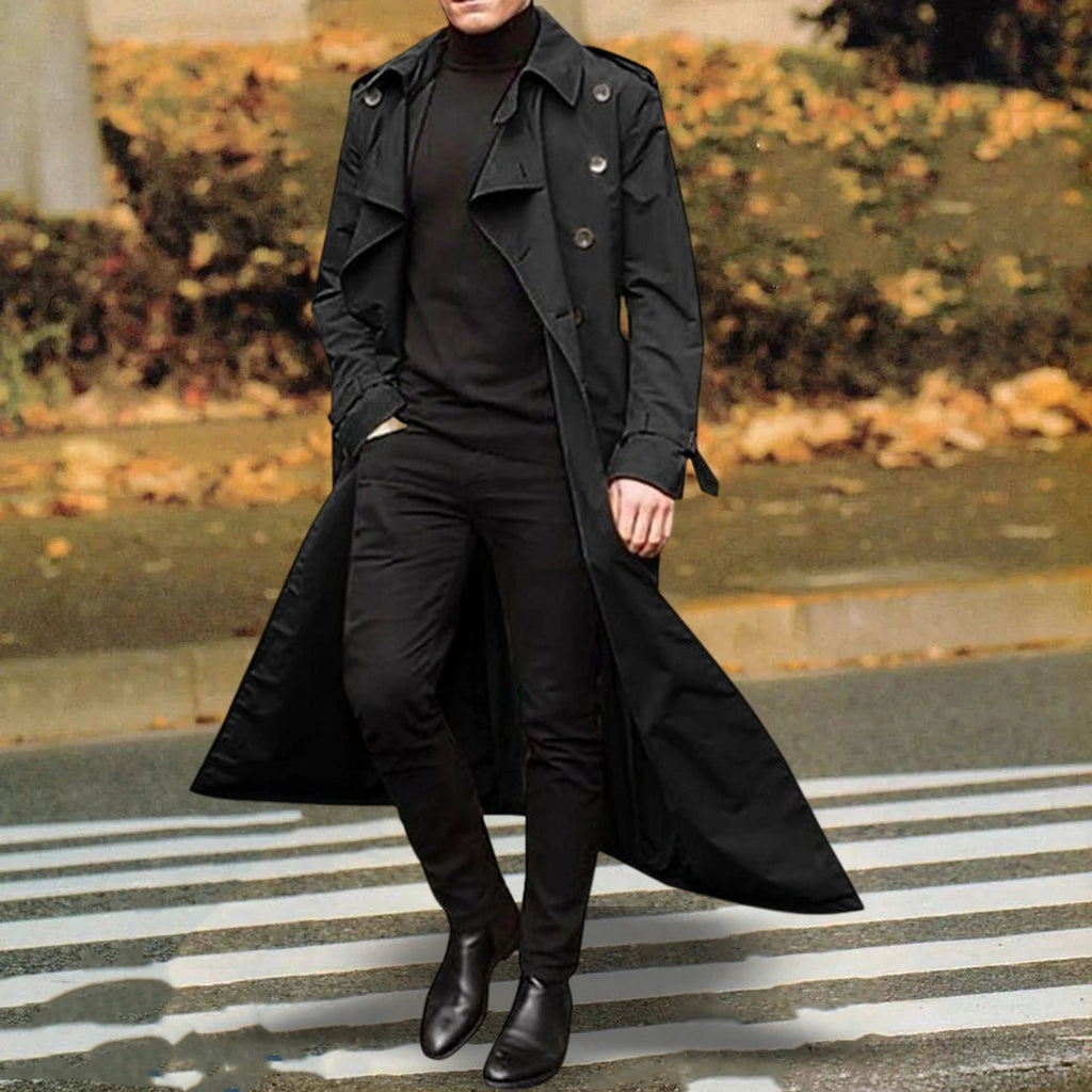 Formal Men'trench Coat Long Jacket Double Breasted Warm Slim Fit with Pockets Windproof Windbreaker for Dating Work Daily Wear