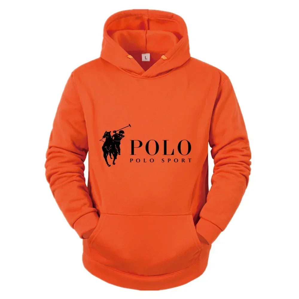 Bright orange hooded fleece pullover featuring a black Polo Ralph Lauren logo with Polo Polo Sport text printed across the chest.