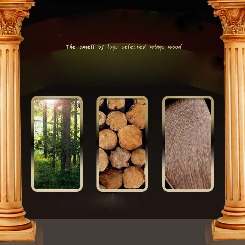 Golden ornate pillars frame selected wings wood logs showcasing their textured grain for a wooden cooking utensil set that is nonstick safe.