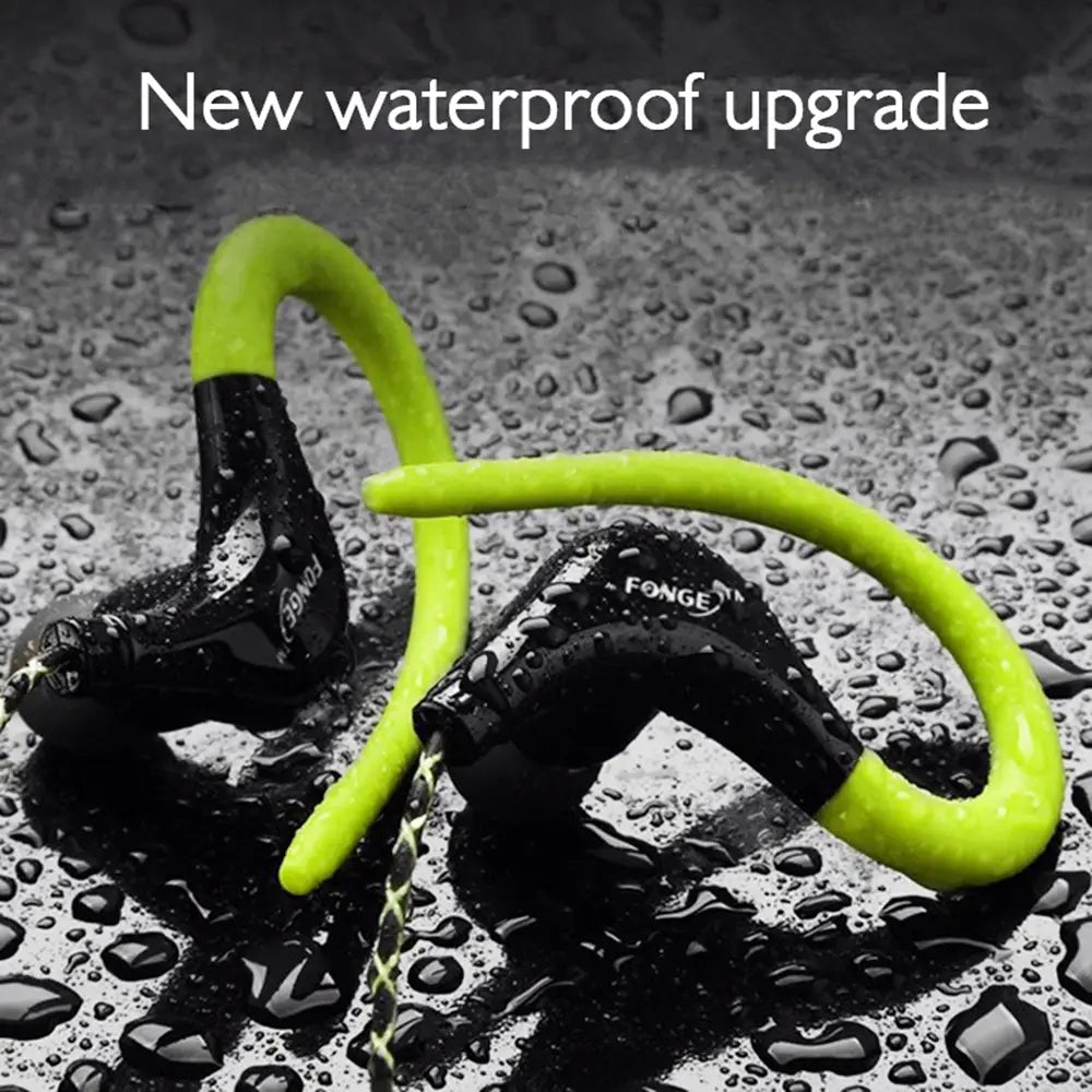Lime green and black fonge waterproof wired 5mm headphone sports earphones with flexible silicone hooks and mic for active use.