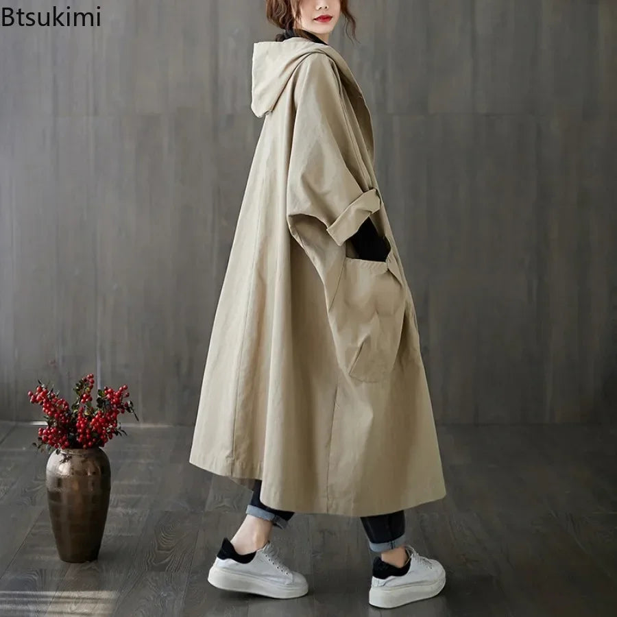 New 2026 Ladies Hooded Trench Coats Solid Loose Single-breasted Long Jacket for Daily Wear Women Windbreaker Casual Outerwear