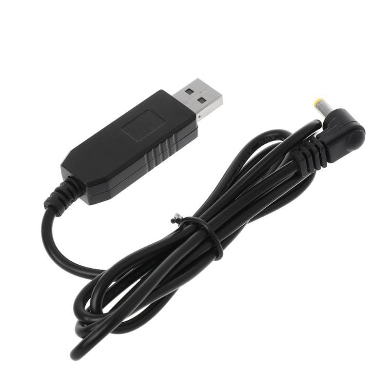 Black usb charger cable with rectangular plastic housing and angled connector for Baofeng radio charger cable.
