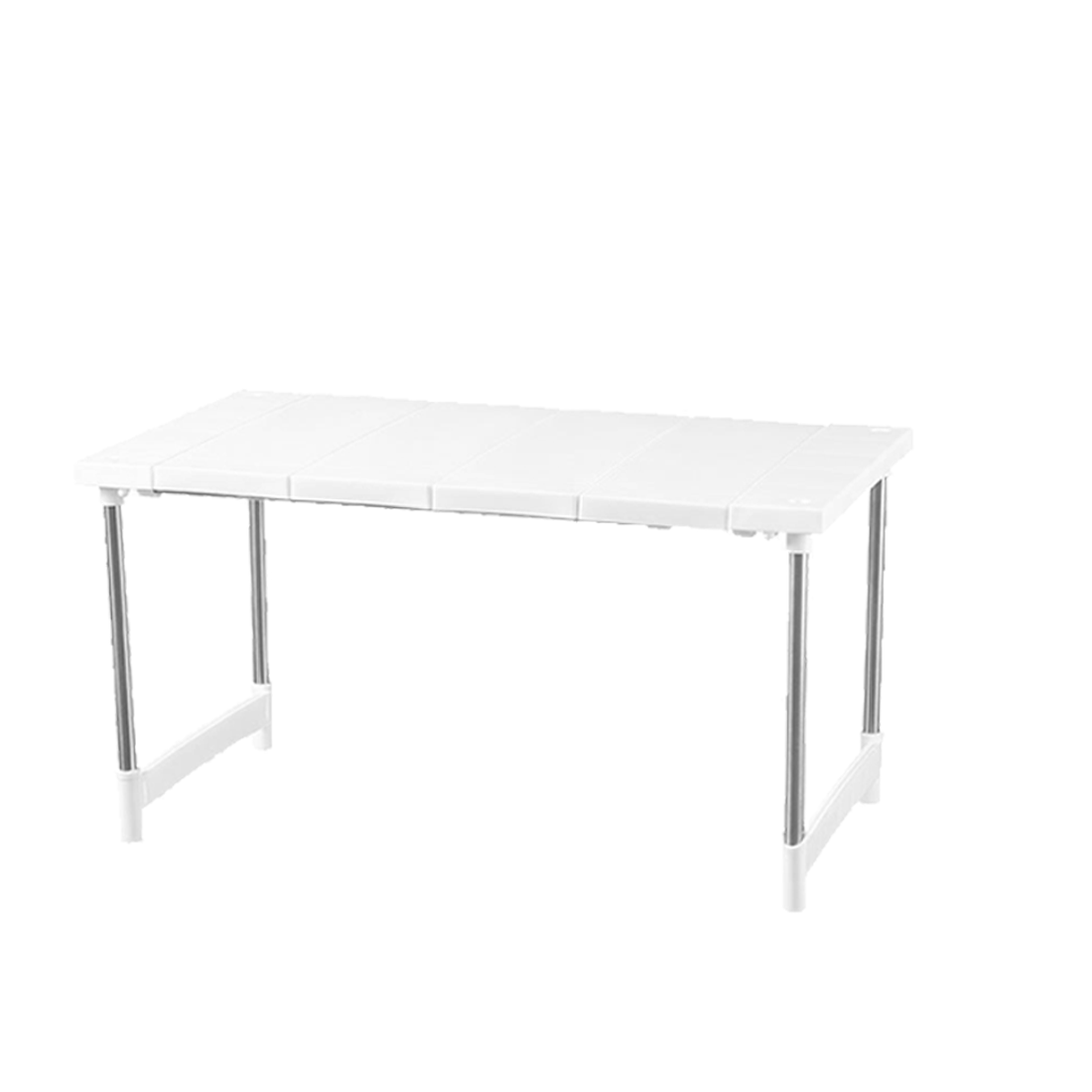 Étagère-organisateur de rangement pour comptoir de cuisine en plastique blanc, avec des pieds en métal argenté, servant de support de rangement pour comptoir de cuisine et de support de rangement polyvalent.