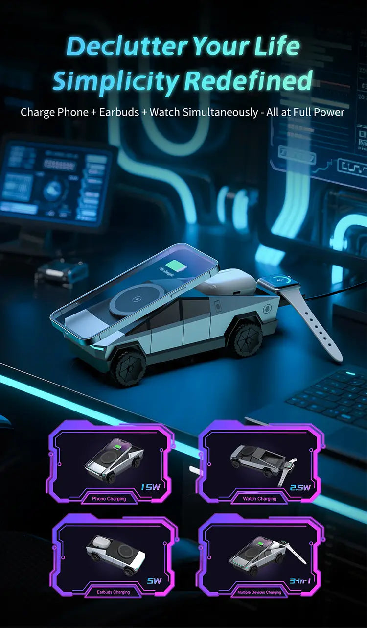 Cybertruck 3-in-1 wireless charging station shaped like a futuristic silver and black car with multiple ports for charging phone earbuds watch and other devices.