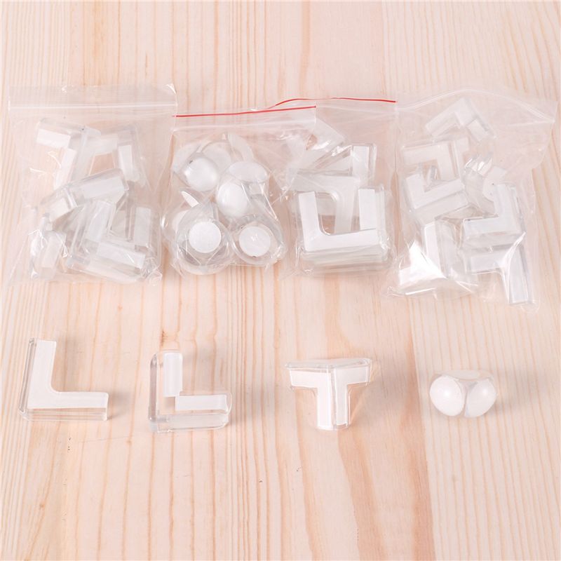 Clear corner protectors 40 pack child safety guards made of white plastic in various shapes and sizes packaged for easy storage.