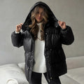 Women's Hooded Winter Jacket Drawstring Waist Cinched Long Sleeve Zip Up Solid Warm Padded Coat 2026 Fashion Lady Thick Parkas