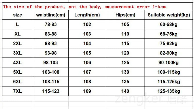 Size chart for plus size elastic waist loose straight jeans for women showing measurements in centimeters and suitable weights by size from L to 7XL.