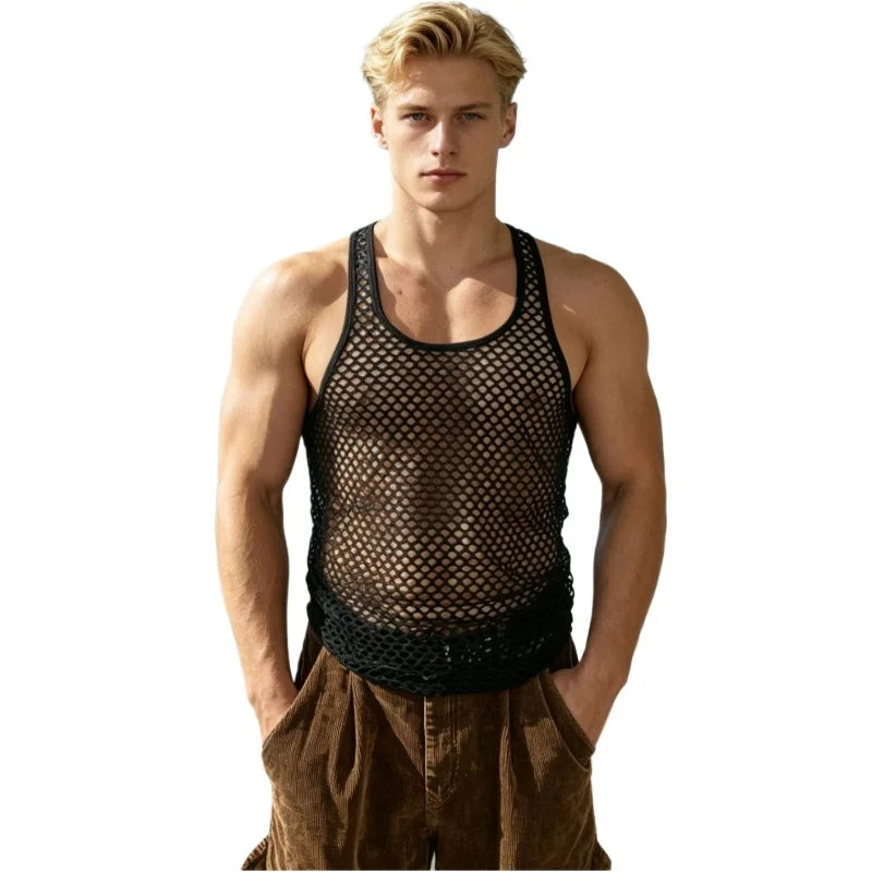 Men Sexy Tank Tops Hollow Mesh Transparent Vest Thin Breathable Sleeveless T-Shirts Workout Fitness Singlets Sport Muscle Vests
