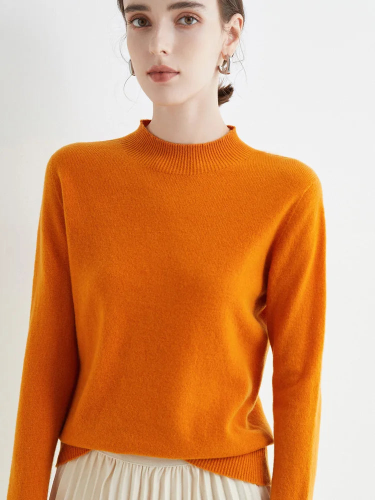 Women 100% Merino Wool Sweater For Autumn Winter  First Line Seamless Half-high Collar Pullover Basic Top OL Solid Soft Cashmere
