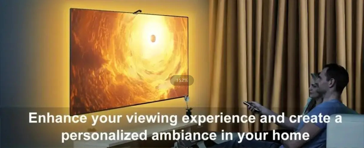 A sleek wall-mounted style smart led television with a led tv backlight strip displaying a vibrant cosmic scene in warm orange and yellow hues.