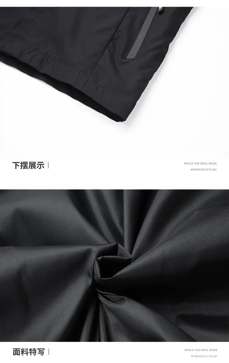 Chaqueta impermeable con capucha para hombre de nailon negro para actividades al aire libre, con un diseño moderno y elegante y acentos discretos de cremallera en color gris.