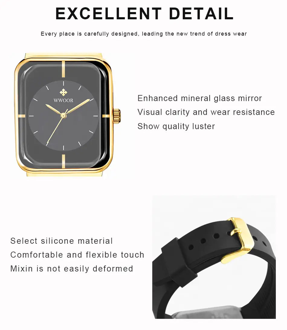 Wwoor gold rectangle quartz watch with a gold-toned rectangular case, black mineral glass face, and silicone strap.