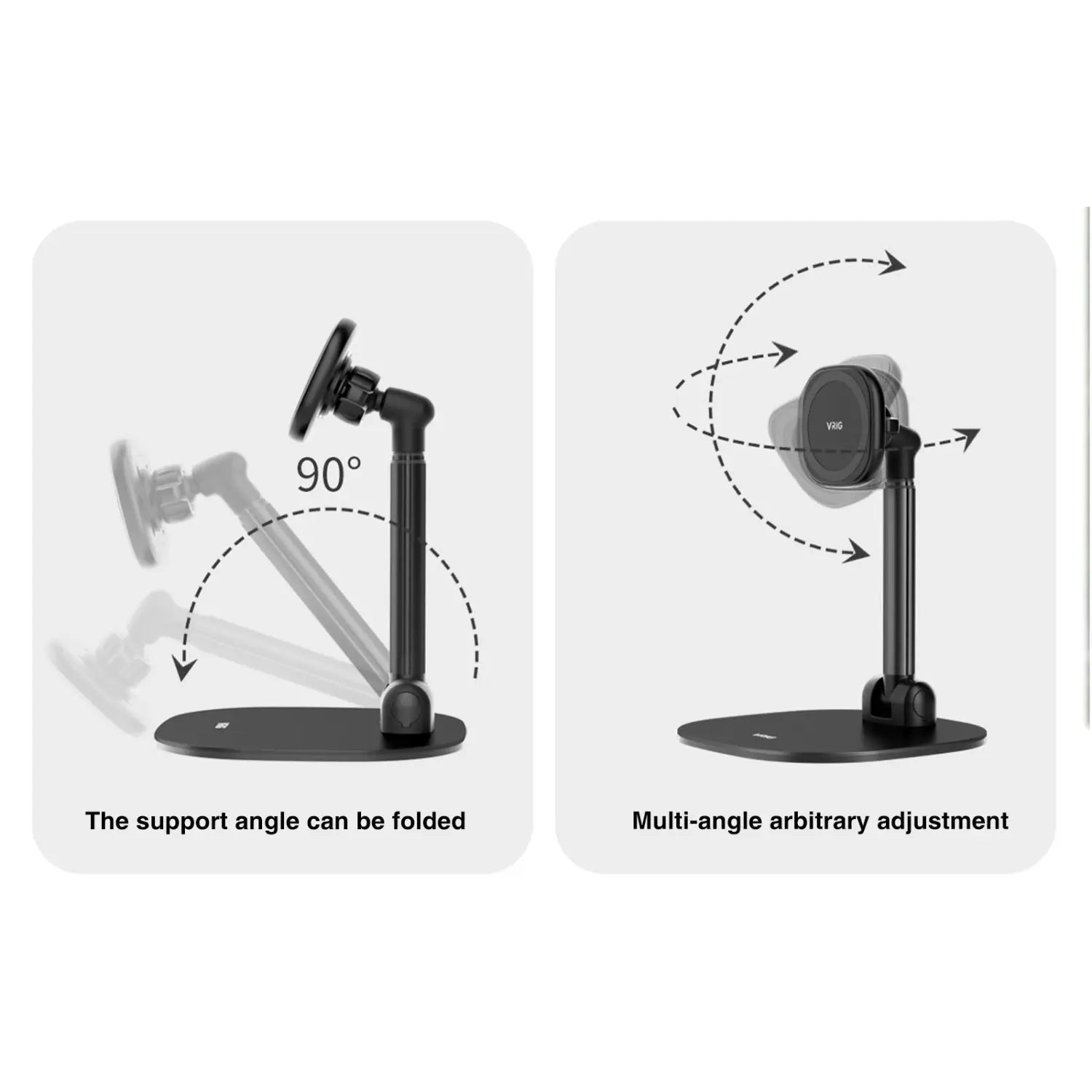 Schwarze Magnethalterung mit verstellbarem Arm und Sockel für mehrwinkelige Unterstützung in einer Desktop-Magnetischen kabellosen Lade-Handyhalterung.