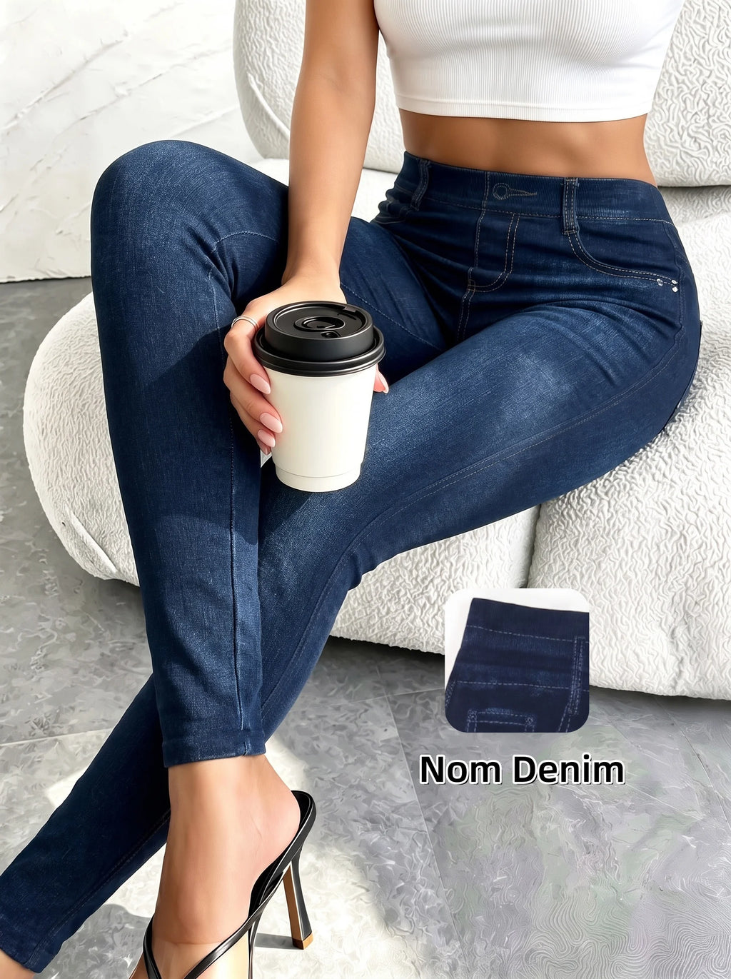 Women's Washed Blue Faux Denim Ankle Leggings High Stretch Pants for Jogging Light Hikes Low-Impact Fitness Daily Wear