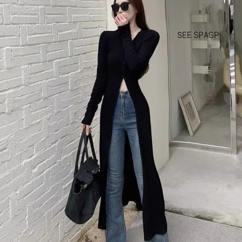 Chic V-neck Black Long Sleeve Shirts Women Slim Cardigan Autumn Mid-length Tops Y2k Windbreaker Streetwear Thin Blouses Trench