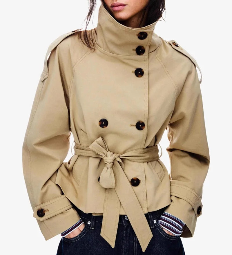 Spring Autumn Trench Coat Women Jacket Double-breasted Belted Outerwear Lapel Long Sleeve Windbreaker Design Coat Outerwear