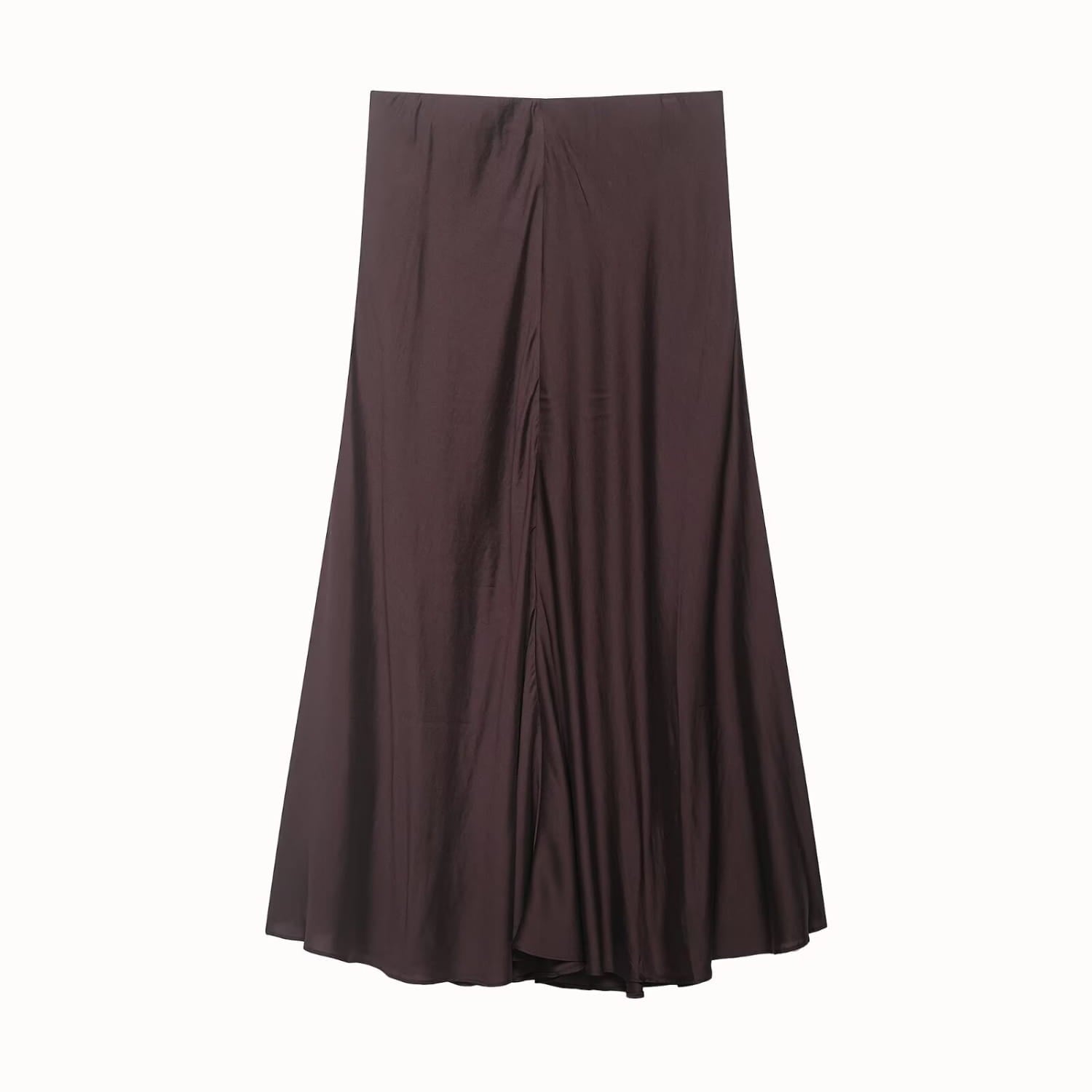 Ein eleganter dunkelbrauner Satinha-Midirock mit hoher Taille, A-Linien-Design und dezentem Plisseefront-Detail.