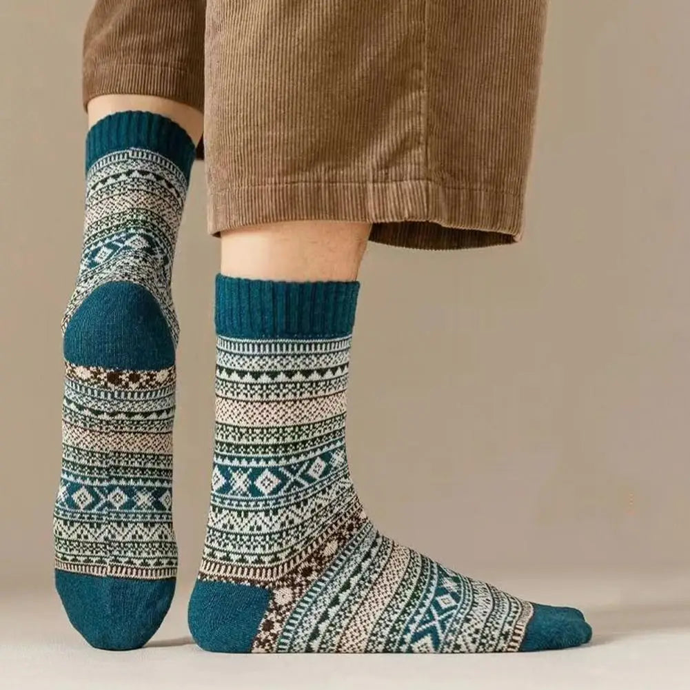 men retro cotton crew socks mid-high tube thermal teal with teal and cream patterned knit and ribbed cuff reflecting current fashion trend