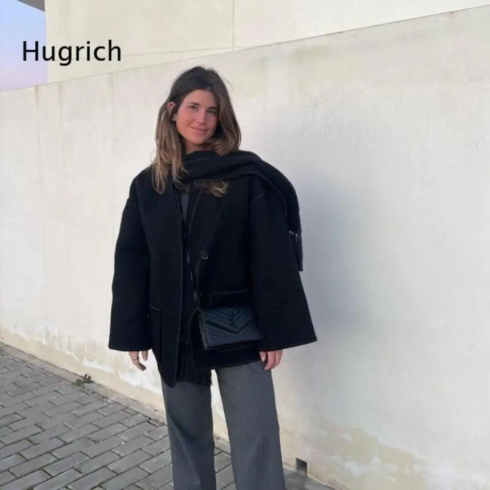 Fall Winter Loose Short Outerwear For Women Oversized Wool Blend Coat Lapel Collar Stitched Trim Side Pockets Single Button