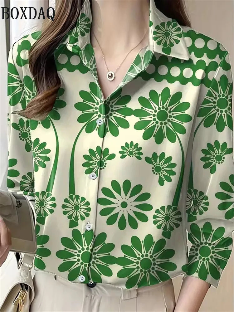 Chic Vintage Women Blouse Elegant Single-Breasted Women Print Chiffon Shirt Autumn New Casual Ladies Shirts Tops Blusas 2025 New