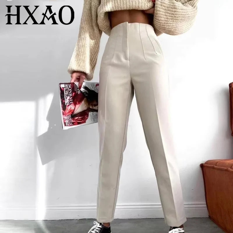 HXAO Office Wear Women'S Formal Pants Pleated High Waist Pants For Women Casual White Cropped Trousers Blackpink Woman Pants