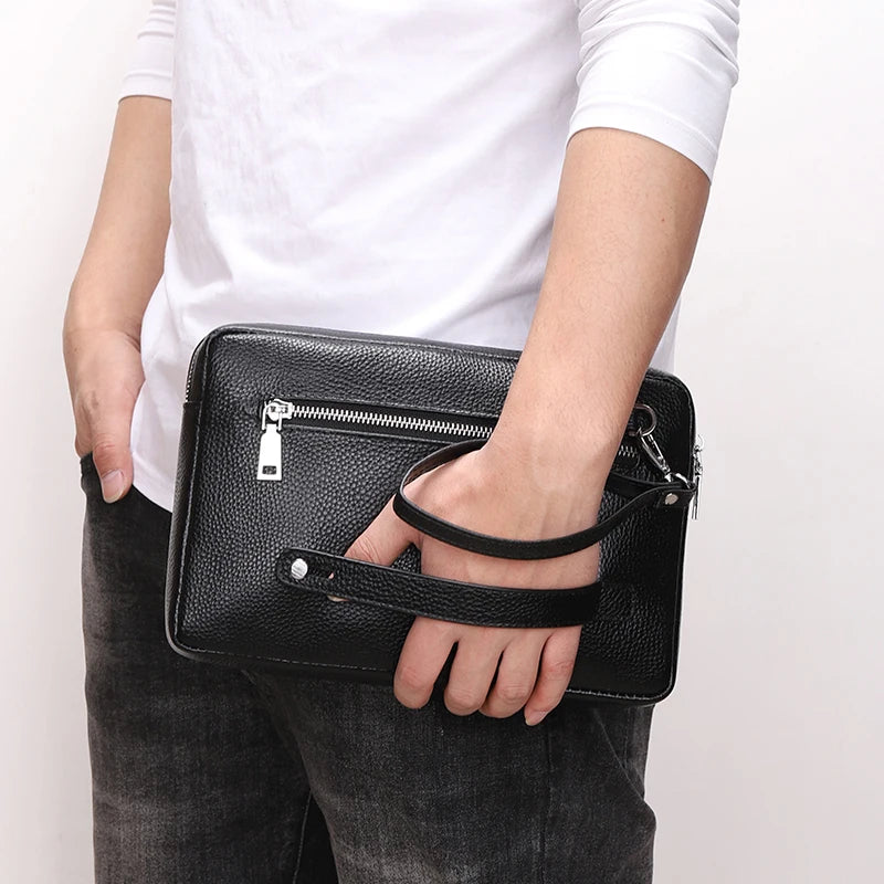 Leather Handbag Men Wallets Genuine Leather Clutch Bag Long Wallet Business Double Zipper Purse Phone Card Holder Coin Purse Men
