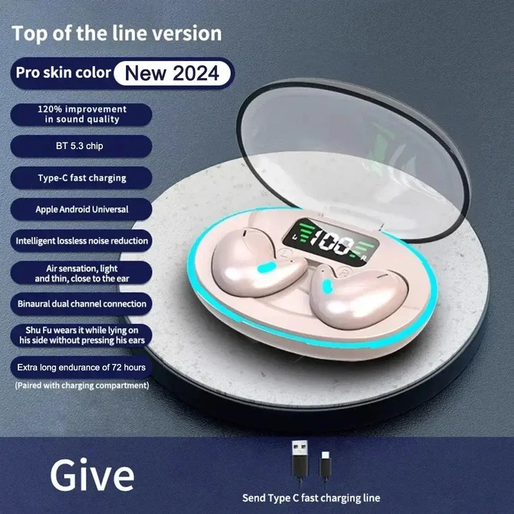 2024 pro skin color wireless sleeping earbuds with bluetooth 5.3 feature in a sleek translucent charging case with glowing teal accents.