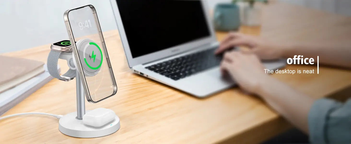 Silver magnetic wireless charger stand 3-in-1 holding an Apple smartphone and smartwatch for convenient wireless charging.