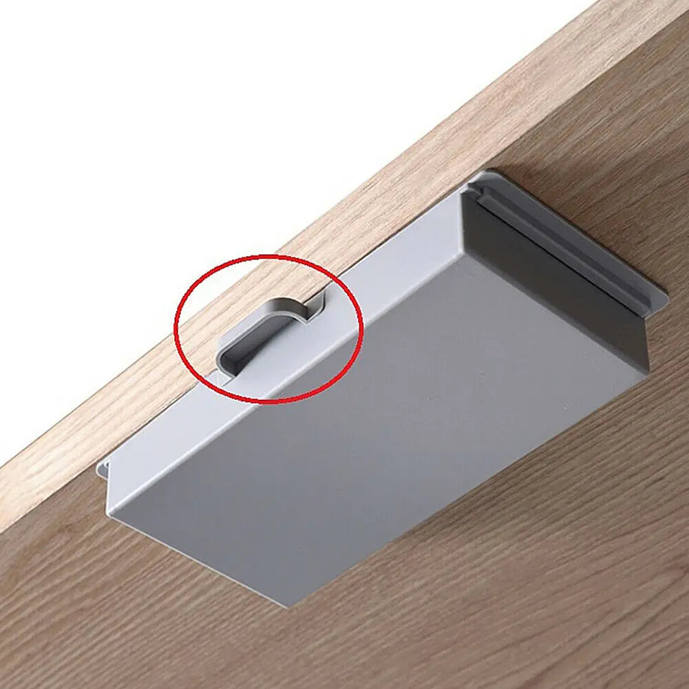 Boîte de rangement en ABS pour organisateur de tiroir sous bureau en plastique gris, au design minimaliste élégant et avec poignée intégrée pour un accès facile.