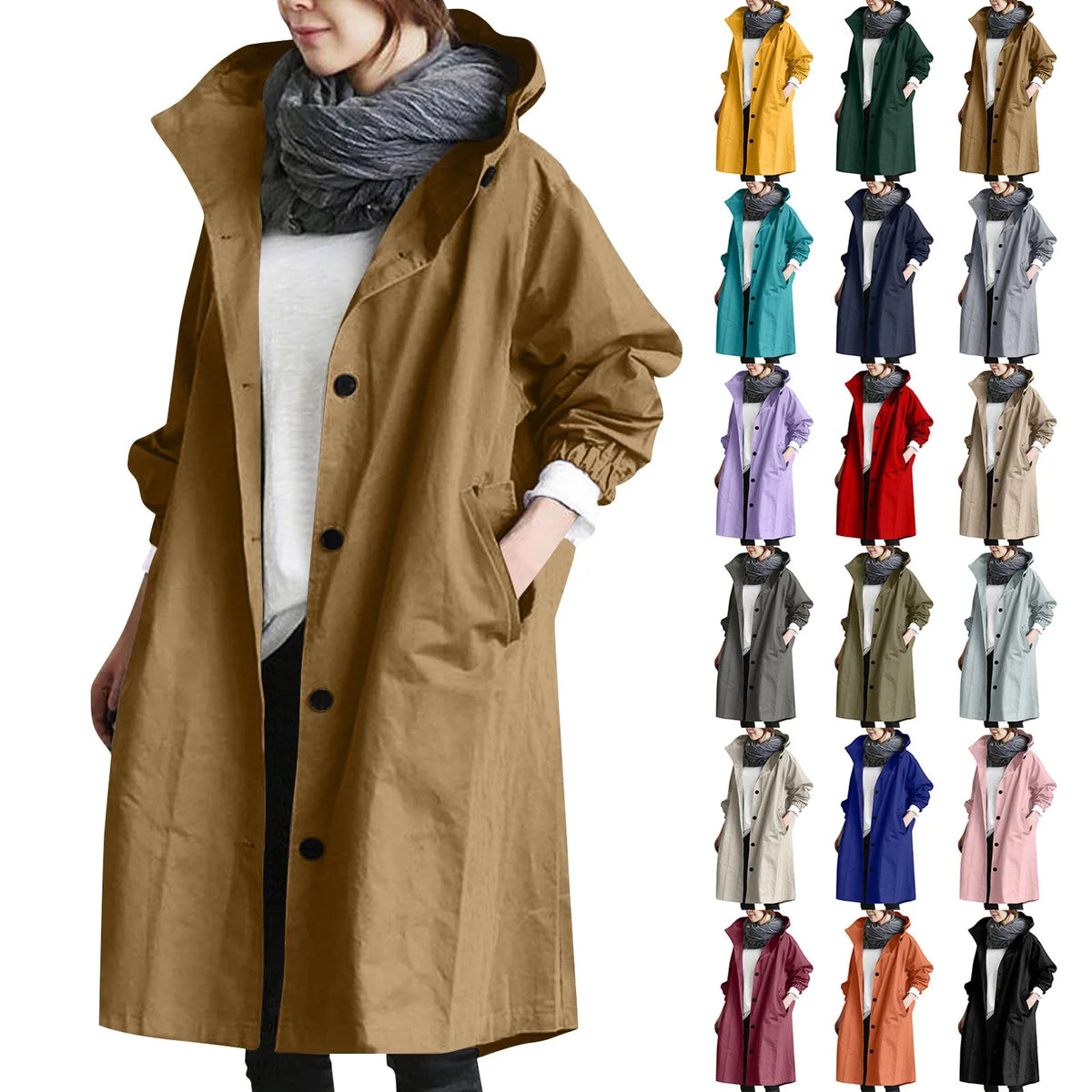 Trendy Women's Long Trench Coat Women's Solid Color Elegant Windbreaker Loose Comfortable Hooded Temperament Ladies Raincoat