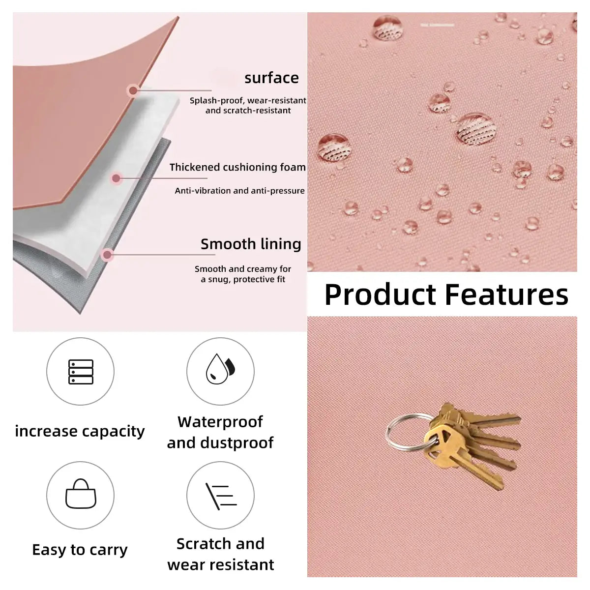 Housse pour ordinateur portable rose de 11 à 13 pouces, étui rembourré avec pochette imperméable et anti-poussière, doublure lisse et mousse de rembourrage intérieure épaissie pour une protection contre les vibrations.