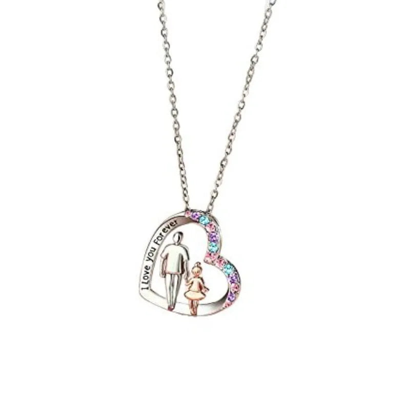 Father's Day Gift Heart Necklace Colorful Rhinestone Inlaid Laser Engraved Heart Pendant Sentimental Memorial Jewelry for Dad