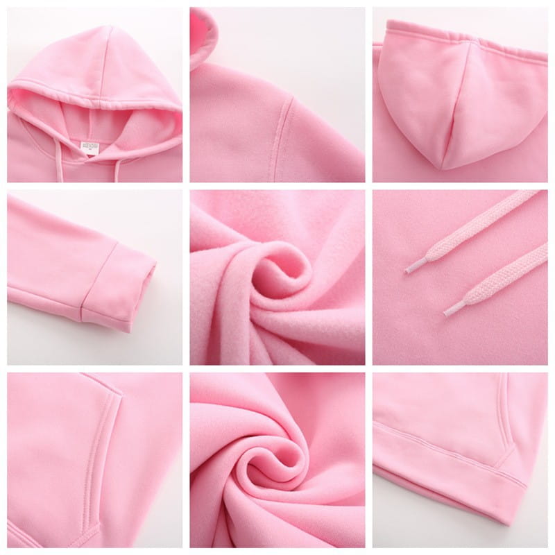 Sudadera con capucha de forro polar rosa suave con cordones a juego y puños acanalados, presentada en un producto de sudadera con capucha oversize negra lisa para hombre.