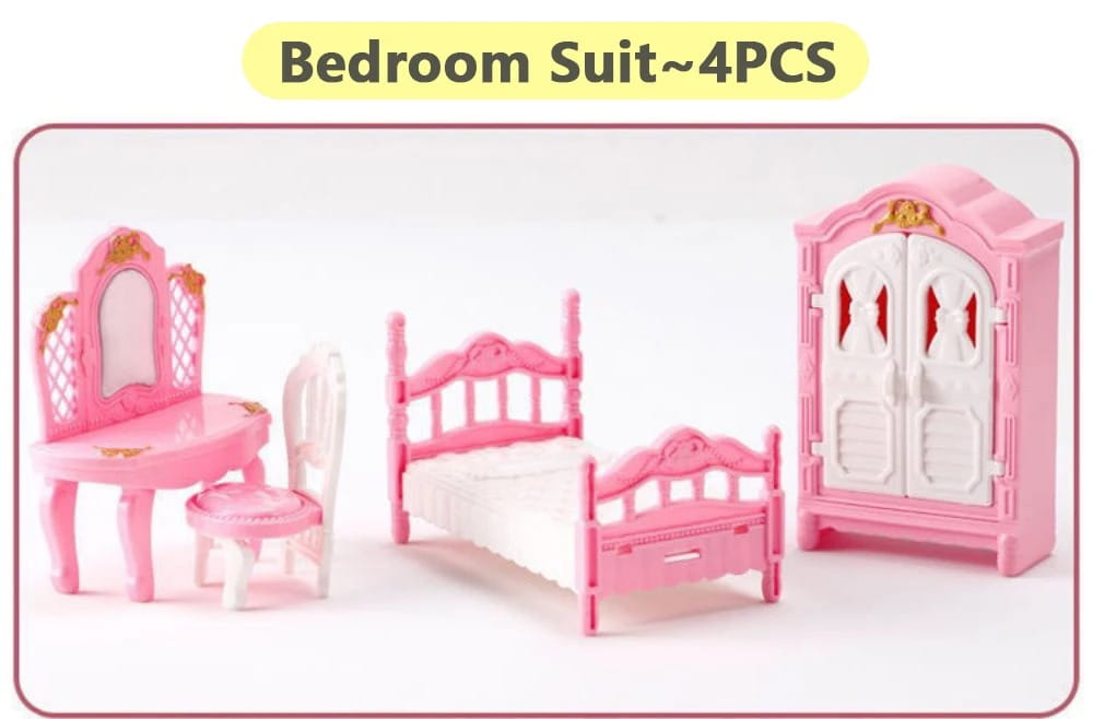 Set für eine Puppenhaus-Küchenzeile im Miniaturformat aus rosa Kunststoff mit kunstvollen Details und weißen Akzenten für eine Schlafzimmereinrichtung.